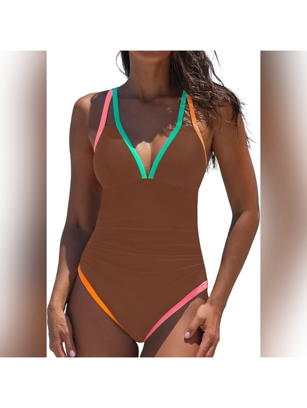 NWT Popvil 1 Piece V-Neck, Tummy Control, Neon Trim & Ruched Sides Swimsuit, L